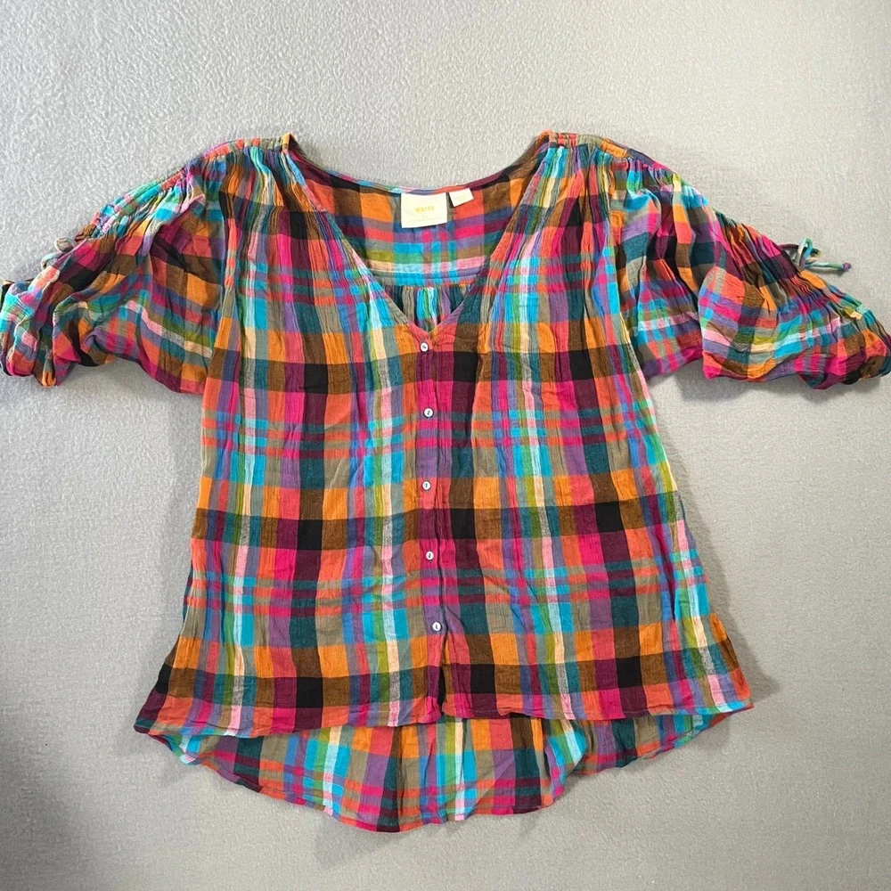 Maeve Anthropologie Plaid Button Front Blouse Multi-Color Puff Sleeve Medium